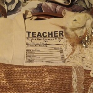 Teacher Canvas & Woven Shoulder Bag with Lace Flower Accent - Beige/Brown
